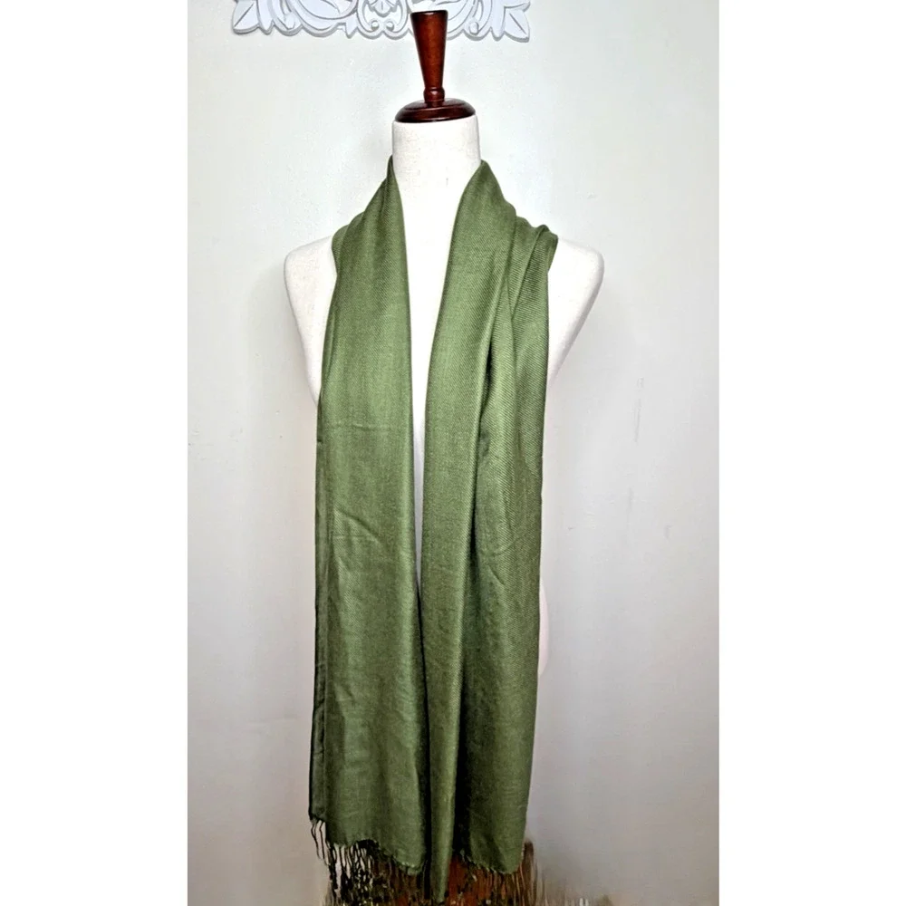 Olive Green Twill Scarf Long Rectangle Wrap Shawl Fringe Solid Green 80